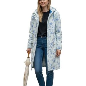 Free People Blue Floral Hooded Button Coat Jacket Size S